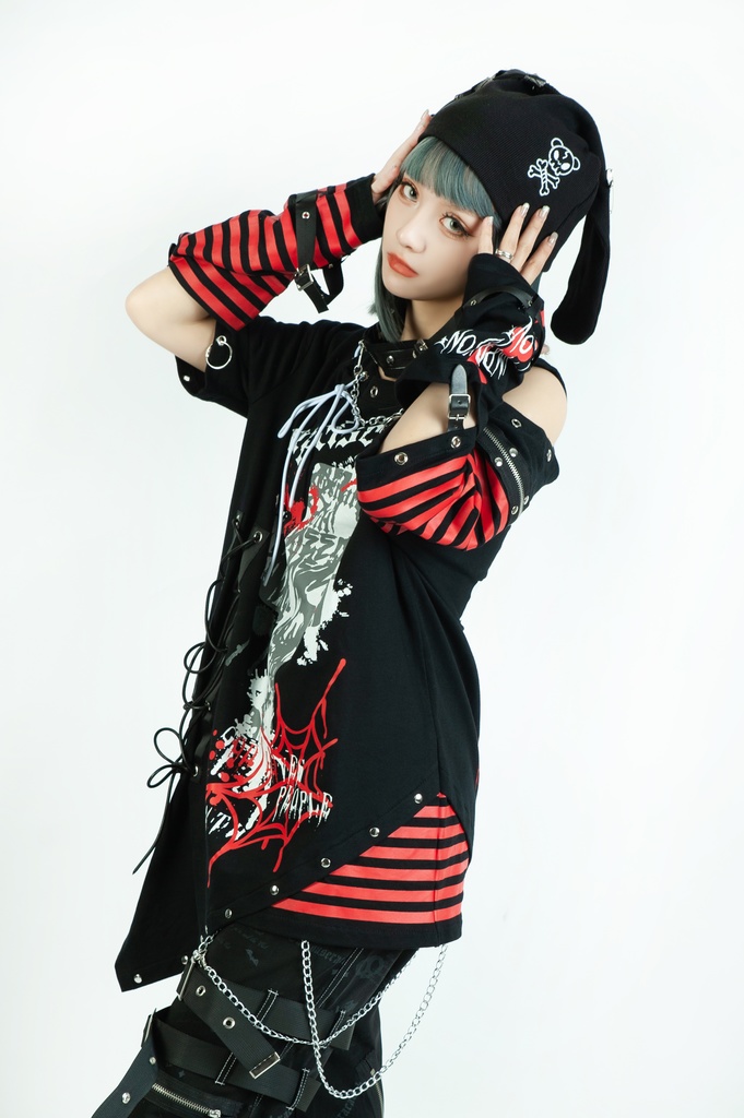 Jillpunk ビジュアル系 パンクロック バンギャ 兄系 囚われの愛 十字架ボーダー柄 アシンメトリー アームカバー チョーカー付き 変形カットソー 半袖Tシャツ メンズ レディーズ ファッション おしゃれ男女兼用カッコいい