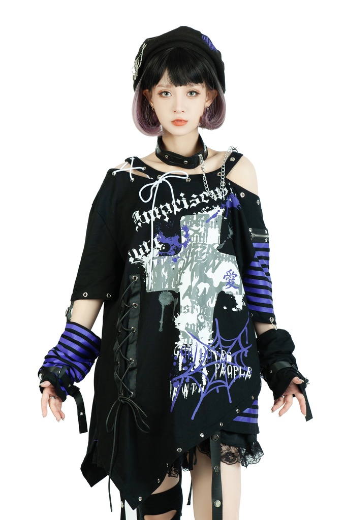 Jillpunk ビジュアル系 パンクロック バンギャ 兄系 囚われの愛 十字架ボーダー柄 アシンメトリー アームカバー チョーカー付き 変形カットソー 半袖Tシャツ メンズ レディーズ ファッション おしゃれ男女兼用カッコいい