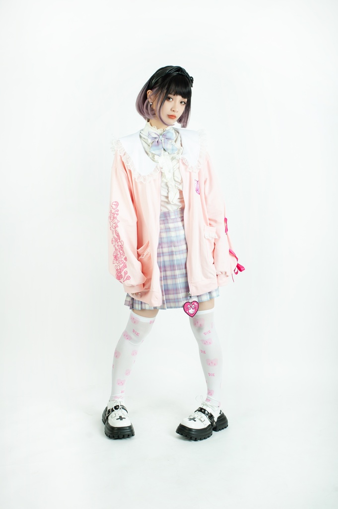 Jillpunk台湾刺青師菊子コラボ メンヘラ ヤンデレ ロリータ ゆめカワ ウサギ治療院 ハートチャーム レースヘム セーラーカラー リボン袖ジャケット 膝上靴下 ハイソックス オリジナル 可愛い おしゃれ ファッション 秋葉系