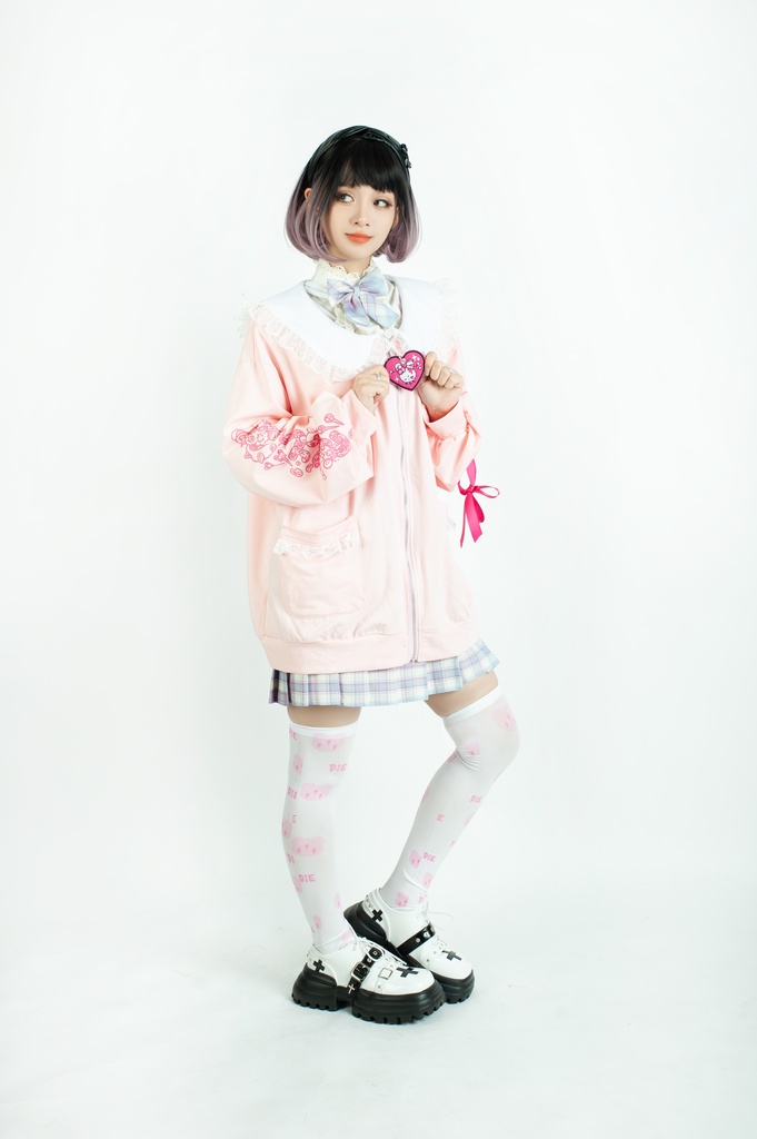 Jillpunk台湾刺青師菊子コラボ メンヘラ ヤンデレ ロリータ ゆめカワ ウサギ治療院 ハートチャーム レースヘム セーラーカラー リボン袖ジャケット 膝上靴下 ハイソックス オリジナル 可愛い おしゃれ ファッション 秋葉系