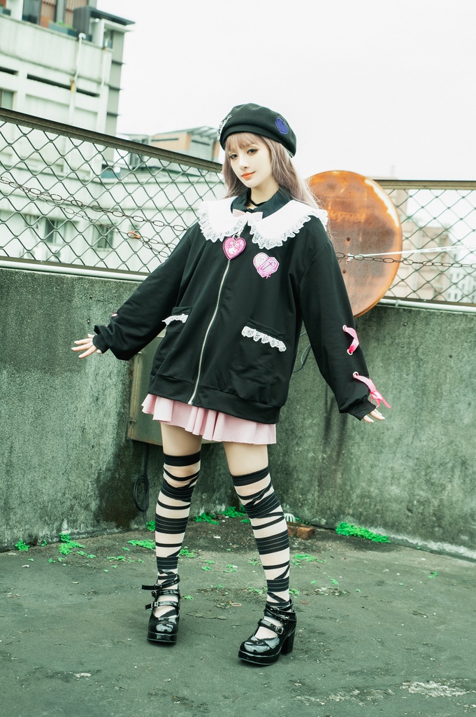 Jillpunk台湾刺青師菊子コラボ メンヘラ ヤンデレ ロリータ ゆめカワ ウサギ治療院 ハートチャーム レースヘム セーラーカラー リボン袖ジャケット 膝上靴下 ハイソックス オリジナル 可愛い おしゃれ ファッション 秋葉系