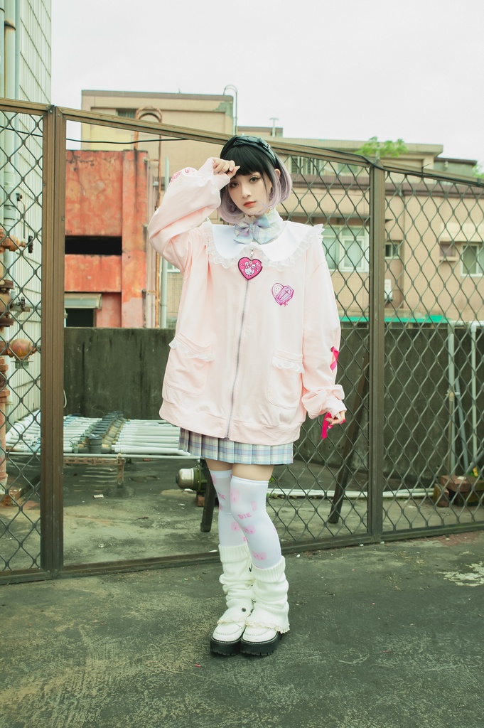 Jillpunk台湾刺青師菊子コラボ メンヘラ ヤンデレ ロリータ ゆめカワ ウサギ治療院 ハートチャーム レースヘム セーラーカラー リボン袖ジャケット 膝上靴下 ハイソックス オリジナル 可愛い おしゃれ ファッション 秋葉系