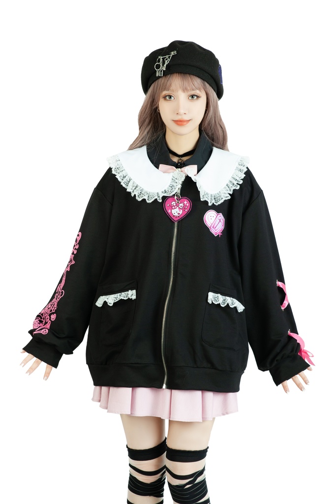 Jillpunk台湾刺青師菊子コラボ メンヘラ ヤンデレ ロリータ ゆめカワ ウサギ治療院 ハートチャーム レースヘム セーラーカラー リボン袖ジャケット 膝上靴下 ハイソックス オリジナル 可愛い おしゃれ ファッション 秋葉系