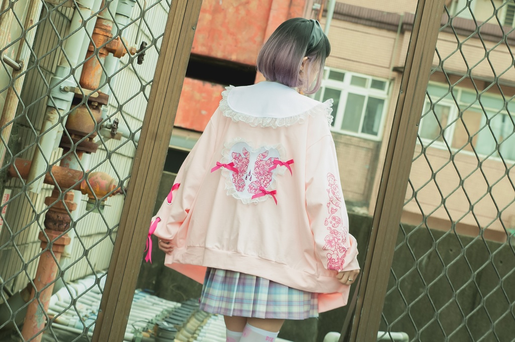 Jillpunk台湾刺青師菊子コラボ メンヘラ ヤンデレ ロリータ ゆめカワ ウサギ治療院 ハートチャーム レースヘム セーラーカラー リボン袖ジャケット 膝上靴下 ハイソックス オリジナル 可愛い おしゃれ ファッション 秋葉系