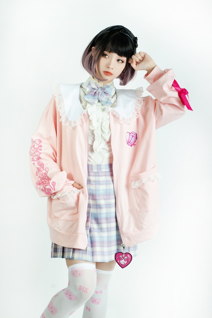 Jillpunk台湾刺青師菊子コラボ メンヘラ ヤンデレ ロリータ ゆめカワ ウサギ治療院 ハートチャーム レースヘム セーラーカラー リボン袖ジャケット 膝上靴下 ハイソックス オリジナル 可愛い おしゃれ ファッション 秋葉系