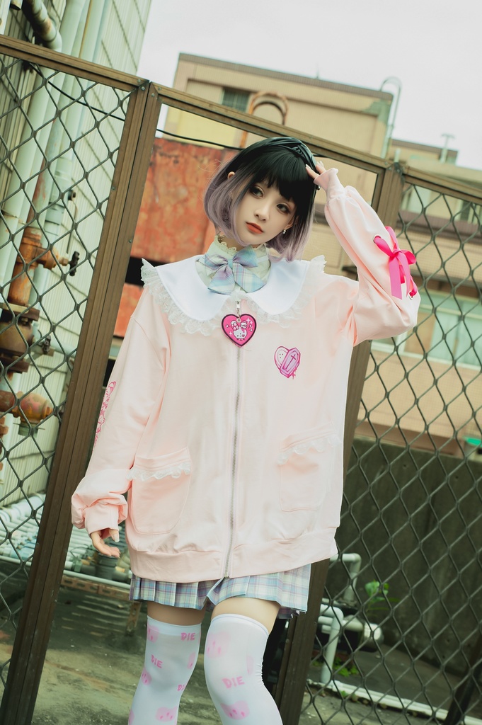 Jillpunk台湾刺青師菊子コラボ メンヘラ ヤンデレ ロリータ ゆめカワ ウサギ治療院 ハートチャーム レースヘム セーラーカラー リボン袖ジャケット 膝上靴下 ハイソックス オリジナル 可愛い おしゃれ ファッション 秋葉系