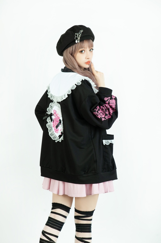Jillpunk台湾刺青師菊子コラボ メンヘラ ヤンデレ ロリータ ゆめカワ ウサギ治療院 ハートチャーム レースヘム セーラーカラー リボン袖ジャケット 膝上靴下 ハイソックス オリジナル 可愛い おしゃれ ファッション 秋葉系