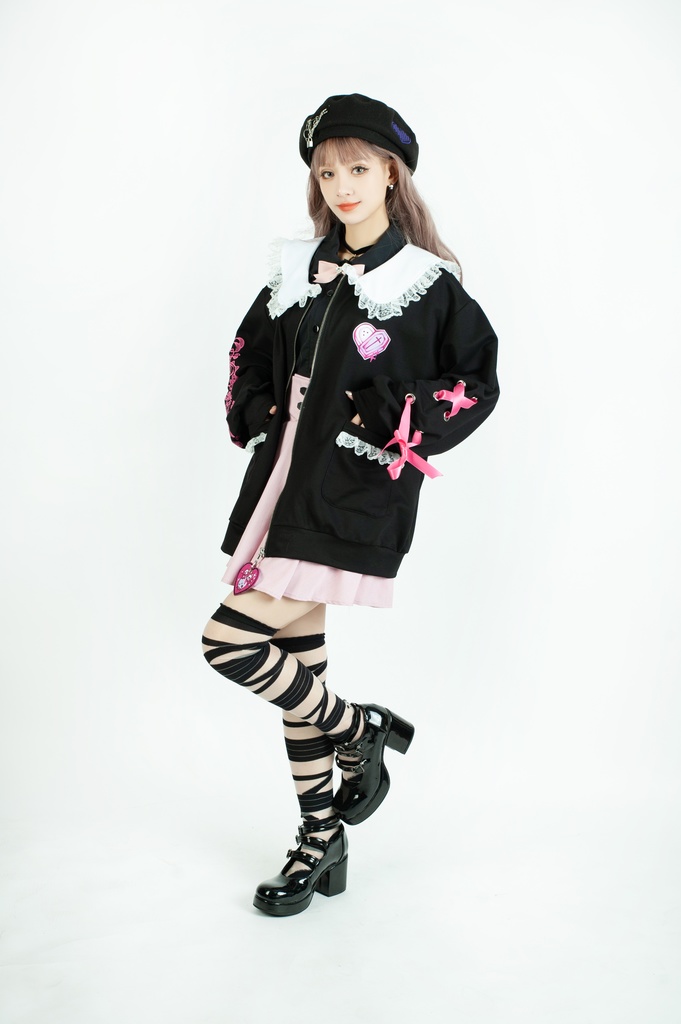 Jillpunk台湾刺青師菊子コラボ メンヘラ ヤンデレ ロリータ ゆめカワ ウサギ治療院 ハートチャーム レースヘム セーラーカラー リボン袖ジャケット 膝上靴下 ハイソックス オリジナル 可愛い おしゃれ ファッション 秋葉系