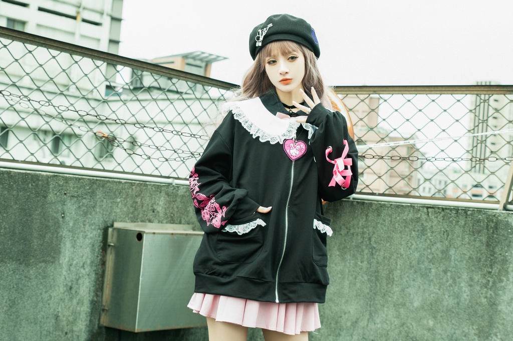 Jillpunk台湾刺青師菊子コラボ メンヘラ ヤンデレ ロリータ ゆめカワ ウサギ治療院 ハートチャーム レースヘム セーラーカラー リボン袖ジャケット 膝上靴下 ハイソックス オリジナル 可愛い おしゃれ ファッション 秋葉系