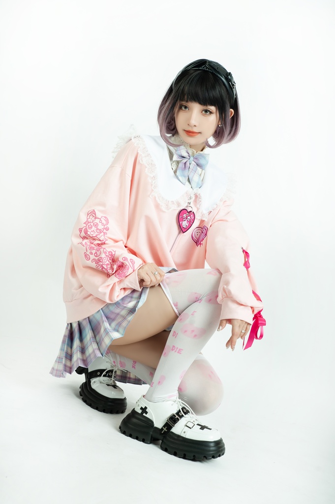 Jillpunk台湾刺青師菊子コラボ メンヘラ ヤンデレ ロリータ ゆめカワ ウサギ治療院 ハートチャーム レースヘム セーラーカラー リボン袖ジャケット 膝上靴下 ハイソックス オリジナル 可愛い おしゃれ ファッション 秋葉系