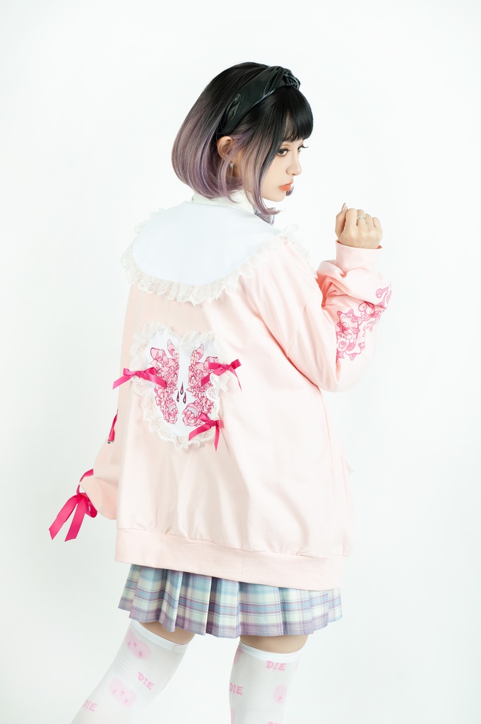 Jillpunk台湾刺青師菊子コラボ メンヘラ ヤンデレ ロリータ ゆめカワ ウサギ治療院 ハートチャーム レースヘム セーラーカラー リボン袖ジャケット 膝上靴下 ハイソックス オリジナル 可愛い おしゃれ ファッション 秋葉系