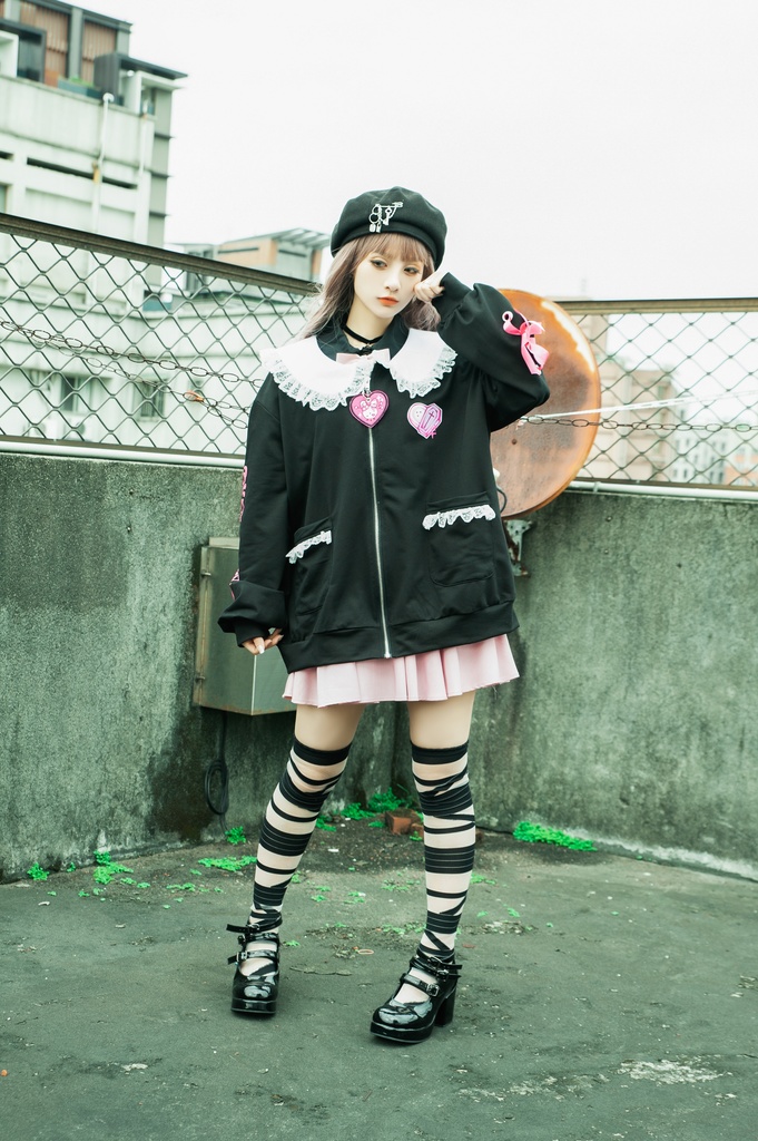 Jillpunk台湾刺青師菊子コラボ メンヘラ ヤンデレ ロリータ ゆめカワ ウサギ治療院 ハートチャーム レースヘム セーラーカラー リボン袖ジャケット 膝上靴下 ハイソックス オリジナル 可愛い おしゃれ ファッション 秋葉系