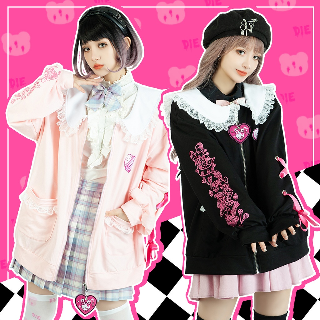 Jillpunk台湾刺青師菊子コラボ メンヘラ ヤンデレ ロリータ ゆめカワ ウサギ治療院 ハートチャーム レースヘム セーラーカラー リボン袖ジャケット 膝上靴下 ハイソックス オリジナル 可愛い おしゃれ ファッション 秋葉系