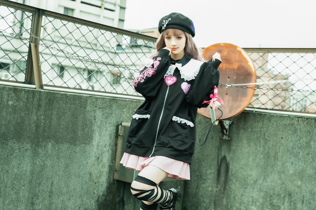 Jillpunk台湾刺青師菊子コラボ メンヘラ ヤンデレ ロリータ ゆめカワ ウサギ治療院 ハートチャーム レースヘム セーラーカラー リボン袖ジャケット 膝上靴下 ハイソックス オリジナル 可愛い おしゃれ ファッション 秋葉系