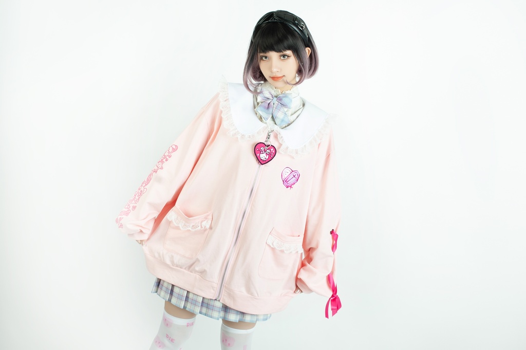 Jillpunk台湾刺青師菊子コラボ メンヘラ ヤンデレ ロリータ ゆめカワ ウサギ治療院 ハートチャーム レースヘム セーラーカラー リボン袖ジャケット 膝上靴下 ハイソックス オリジナル 可愛い おしゃれ ファッション 秋葉系