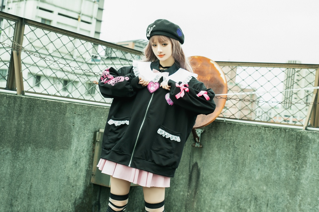 Jillpunk台湾刺青師菊子コラボ メンヘラ ヤンデレ ロリータ ゆめカワ ウサギ治療院 ハートチャーム レースヘム セーラーカラー リボン袖ジャケット 膝上靴下 ハイソックス オリジナル 可愛い おしゃれ ファッション 秋葉系