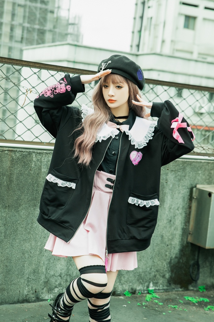 Jillpunk台湾刺青師菊子コラボ メンヘラ ヤンデレ ロリータ ゆめカワ ウサギ治療院 ハートチャーム レースヘム セーラーカラー リボン袖ジャケット 膝上靴下 ハイソックス オリジナル 可愛い おしゃれ ファッション 秋葉系