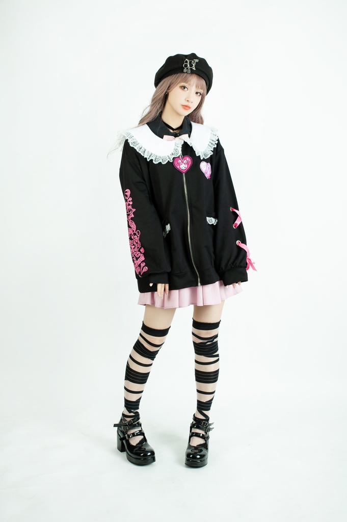 Jillpunk台湾刺青師菊子コラボ メンヘラ ヤンデレ ロリータ ゆめカワ ウサギ治療院 ハートチャーム レースヘム セーラーカラー リボン袖ジャケット 膝上靴下 ハイソックス オリジナル 可愛い おしゃれ ファッション 秋葉系