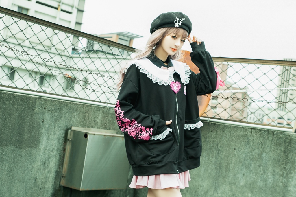 Jillpunk台湾刺青師菊子コラボ メンヘラ ヤンデレ ロリータ ゆめカワ ウサギ治療院 ハートチャーム レースヘム セーラーカラー リボン袖ジャケット 膝上靴下 ハイソックス オリジナル 可愛い おしゃれ ファッション 秋葉系
