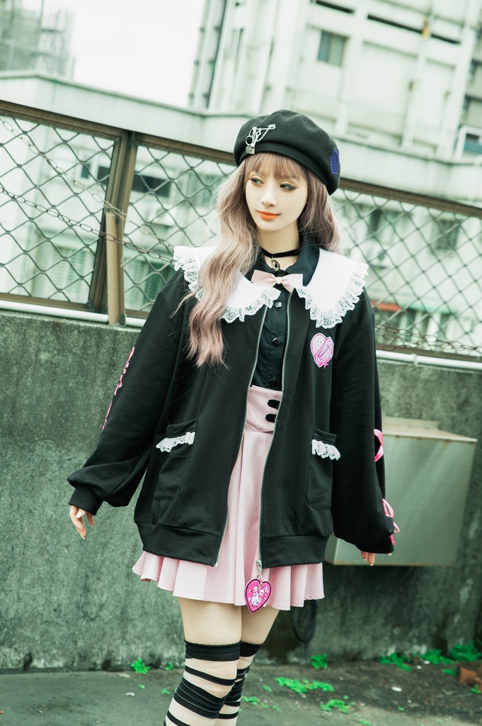 Jillpunk台湾刺青師菊子コラボ メンヘラ ヤンデレ ロリータ ゆめカワ ウサギ治療院 ハートチャーム レースヘム セーラーカラー リボン袖ジャケット 膝上靴下 ハイソックス オリジナル 可愛い おしゃれ ファッション 秋葉系