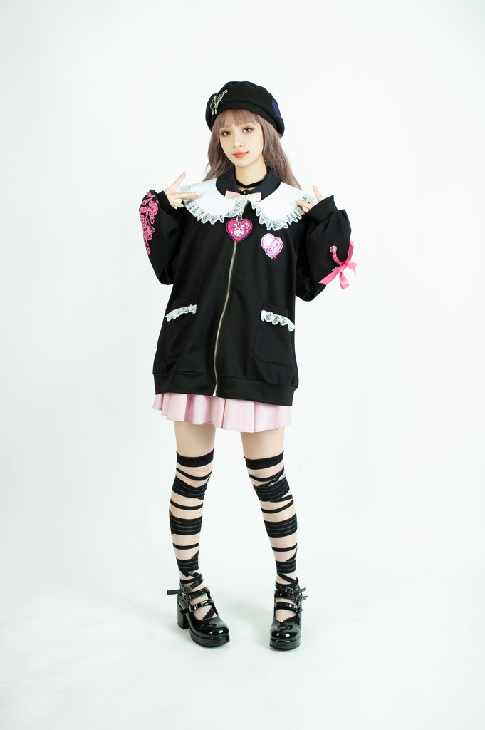 Jillpunk台湾刺青師菊子コラボ メンヘラ ヤンデレ ロリータ ゆめカワ ウサギ治療院 ハートチャーム レースヘム セーラーカラー リボン袖ジャケット 膝上靴下 ハイソックス オリジナル 可愛い おしゃれ ファッション 秋葉系