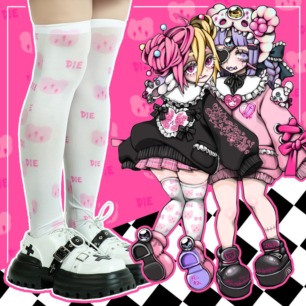 Jillpunk台湾刺青師菊子コラボ メンヘラ ヤンデレ ロリータ ゆめカワ ウサギ治療院 ハートチャーム レースヘム セーラーカラー リボン袖ジャケット 膝上靴下 ハイソックス オリジナル 可愛い おしゃれ ファッション 秋葉系