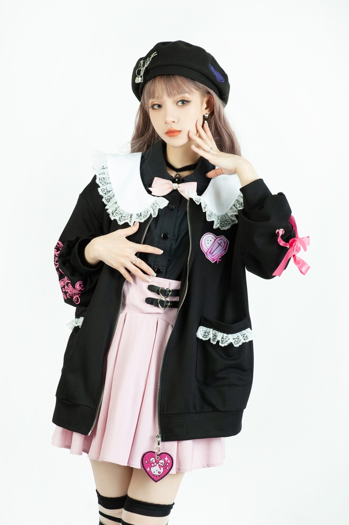 Jillpunk台湾刺青師菊子コラボ メンヘラ ヤンデレ ロリータ ゆめカワ ウサギ治療院 ハートチャーム レースヘム セーラーカラー リボン袖ジャケット 膝上靴下 ハイソックス オリジナル 可愛い おしゃれ ファッション 秋葉系