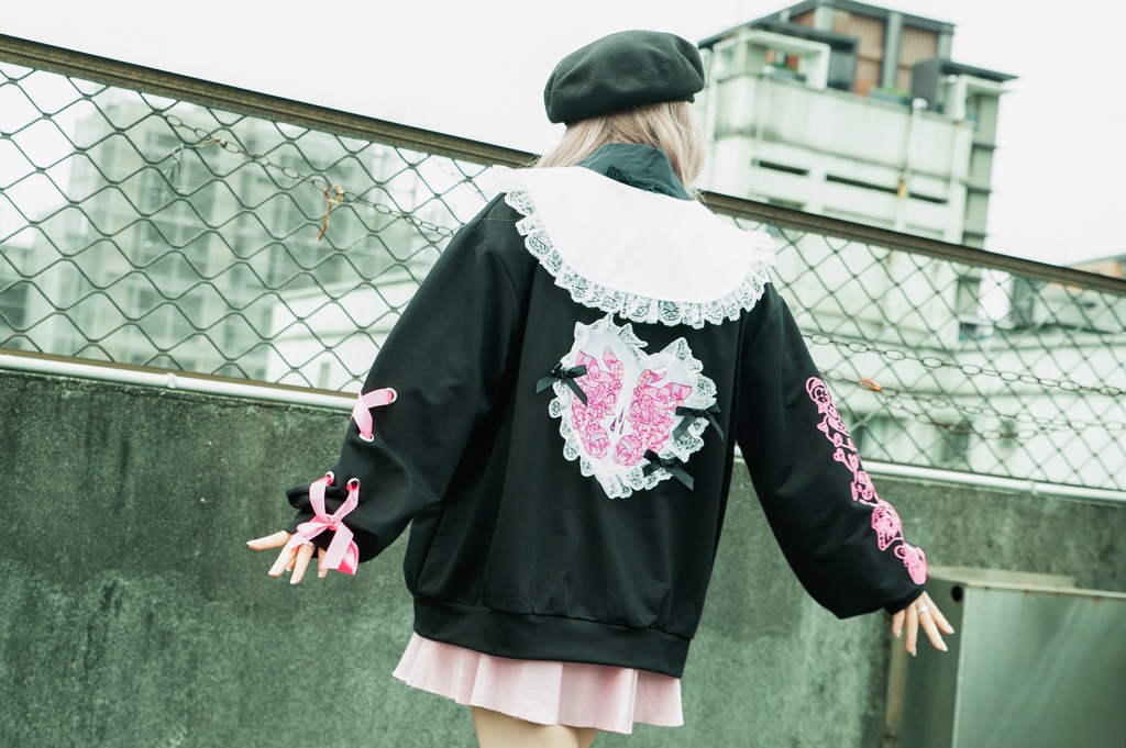 Jillpunk台湾刺青師菊子コラボ メンヘラ ヤンデレ ロリータ ゆめカワ ウサギ治療院 ハートチャーム レースヘム セーラーカラー リボン袖ジャケット 膝上靴下 ハイソックス オリジナル 可愛い おしゃれ ファッション 秋葉系