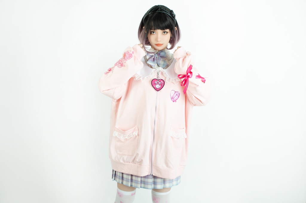 Jillpunk台湾刺青師菊子コラボ メンヘラ ヤンデレ ロリータ ゆめカワ ウサギ治療院 ハートチャーム レースヘム セーラーカラー リボン袖ジャケット 膝上靴下 ハイソックス オリジナル 可愛い おしゃれ ファッション 秋葉系