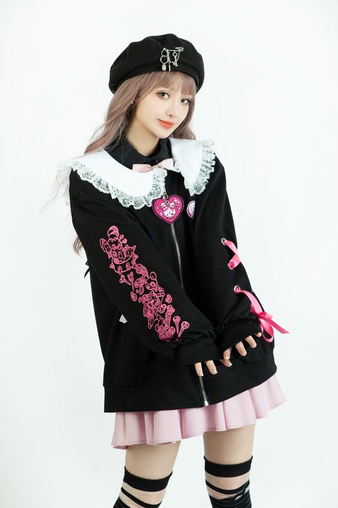 Jillpunk台湾刺青師菊子コラボ メンヘラ ヤンデレ ロリータ ゆめカワ ウサギ治療院 ハートチャーム レースヘム セーラーカラー リボン袖ジャケット 膝上靴下 ハイソックス オリジナル 可愛い おしゃれ ファッション 秋葉系