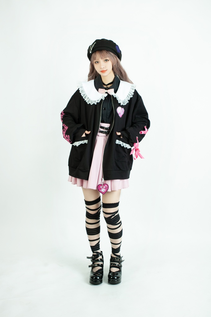 Jillpunk台湾刺青師菊子コラボ メンヘラ ヤンデレ ロリータ ゆめカワ ウサギ治療院 ハートチャーム レースヘム セーラーカラー リボン袖ジャケット 膝上靴下 ハイソックス オリジナル 可愛い おしゃれ ファッション 秋葉系