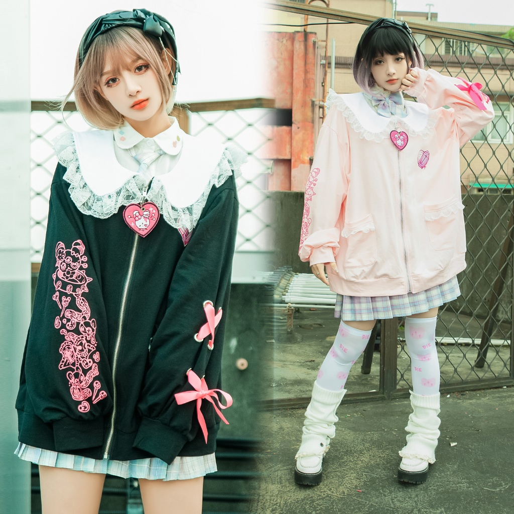 Jillpunk台湾刺青師菊子コラボ メンヘラ ヤンデレ ロリータ ゆめカワ ウサギ治療院 ハートチャーム レースヘム セーラーカラー リボン袖ジャケット 膝上靴下 ハイソックス オリジナル 可愛い おしゃれ ファッション 秋葉系