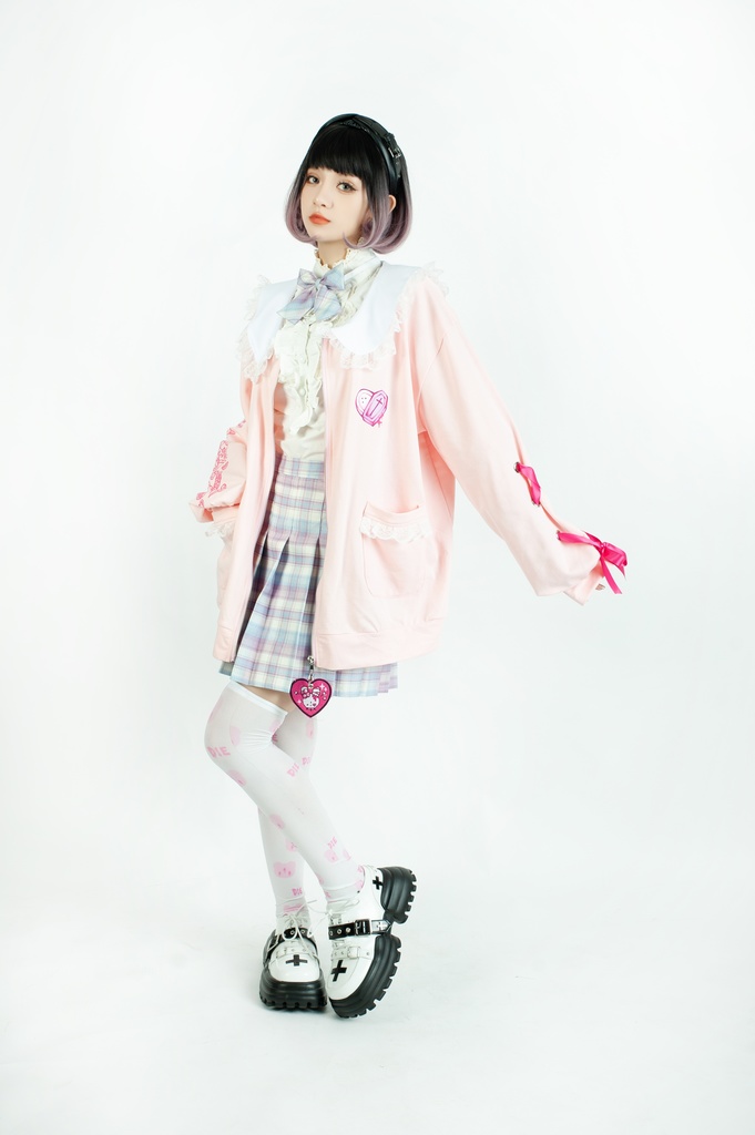 Jillpunk台湾刺青師菊子コラボ メンヘラ ヤンデレ ロリータ ゆめカワ ウサギ治療院 ハートチャーム レースヘム セーラーカラー リボン袖ジャケット 膝上靴下 ハイソックス オリジナル 可愛い おしゃれ ファッション 秋葉系