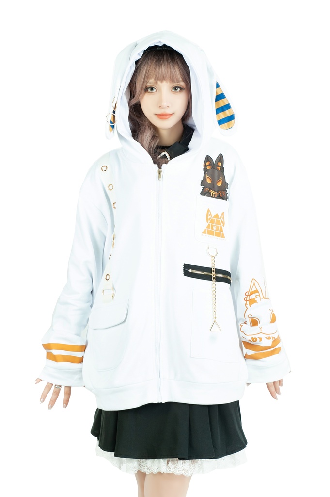 Jillpunk芝麻コラボアニメ 可愛い お宅 ニ次コン エジプト神話ベビー ウェネト女神 兎耳 ゆったり ファラオプリント 鎖チェーン長袖パーカ― フード付きジャケット オリジナル メンズ レディーズ おしゃれ 男女兼用 ファッション 秋葉系