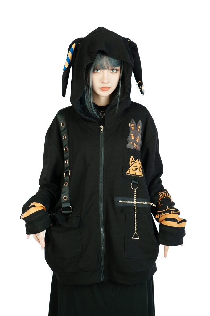 Jillpunk芝麻コラボアニメ 可愛い お宅 ニ次コン エジプト神話ベビー ウェネト女神 兎耳 ゆったり ファラオプリント 鎖チェーン長袖パーカ― フード付きジャケット オリジナル メンズ レディーズ おしゃれ 男女兼用 ファッション 秋葉系