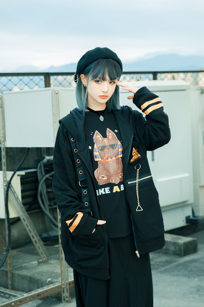 Jillpunk芝麻コラボアニメ 可愛い お宅 ニ次コン エジプト神話ベビー ウェネト女神 兎耳 ゆったり ファラオプリント 鎖チェーン長袖パーカ― フード付きジャケット オリジナル メンズ レディーズ おしゃれ 男女兼用 ファッション 秋葉系