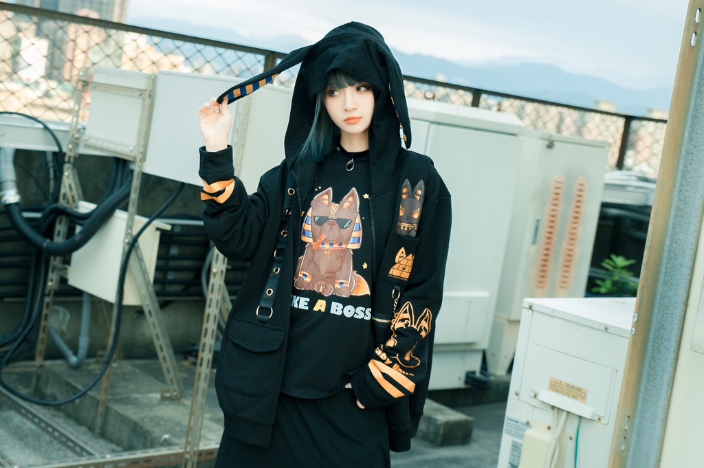 Jillpunk芝麻コラボアニメ 可愛い お宅 ニ次コン エジプト神話ベビー ウェネト女神 兎耳 ゆったり ファラオプリント 鎖チェーン長袖パーカ― フード付きジャケット オリジナル メンズ レディーズ おしゃれ 男女兼用 ファッション 秋葉系