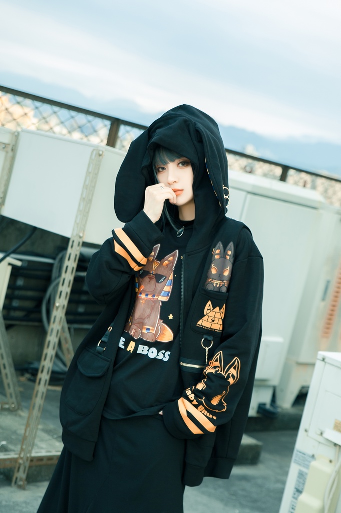 Jillpunk芝麻コラボアニメ 可愛い お宅 ニ次コン エジプト神話ベビー ウェネト女神 兎耳 ゆったり ファラオプリント 鎖チェーン長袖パーカ― フード付きジャケット オリジナル メンズ レディーズ おしゃれ 男女兼用 ファッション 秋葉系