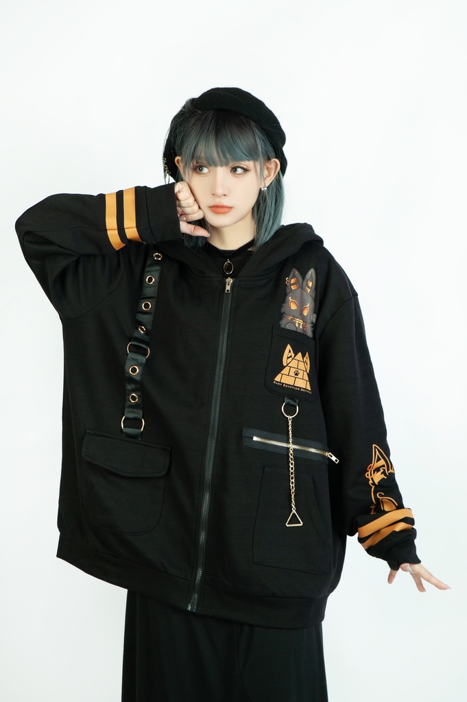 Jillpunk芝麻コラボアニメ 可愛い お宅 ニ次コン エジプト神話ベビー ウェネト女神 兎耳 ゆったり ファラオプリント 鎖チェーン長袖パーカ― フード付きジャケット オリジナル メンズ レディーズ おしゃれ 男女兼用 ファッション 秋葉系