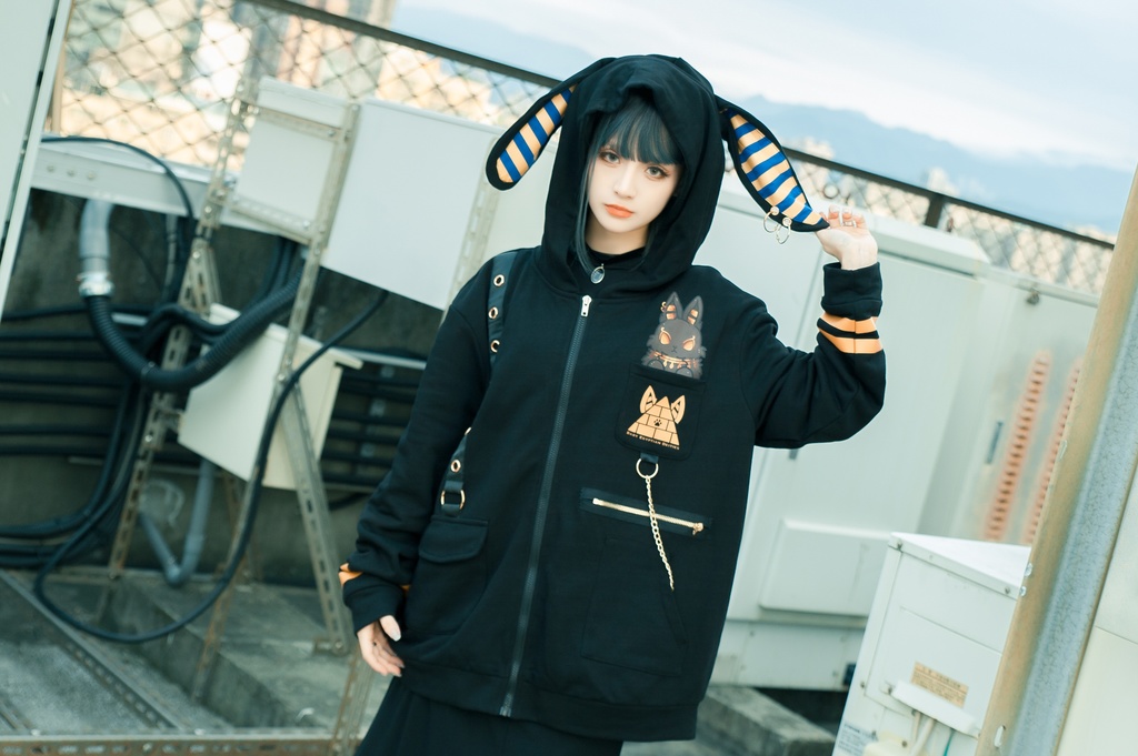 Jillpunk芝麻コラボアニメ 可愛い お宅 ニ次コン エジプト神話ベビー ウェネト女神 兎耳 ゆったり ファラオプリント 鎖チェーン長袖パーカ― フード付きジャケット オリジナル メンズ レディーズ おしゃれ 男女兼用 ファッション 秋葉系