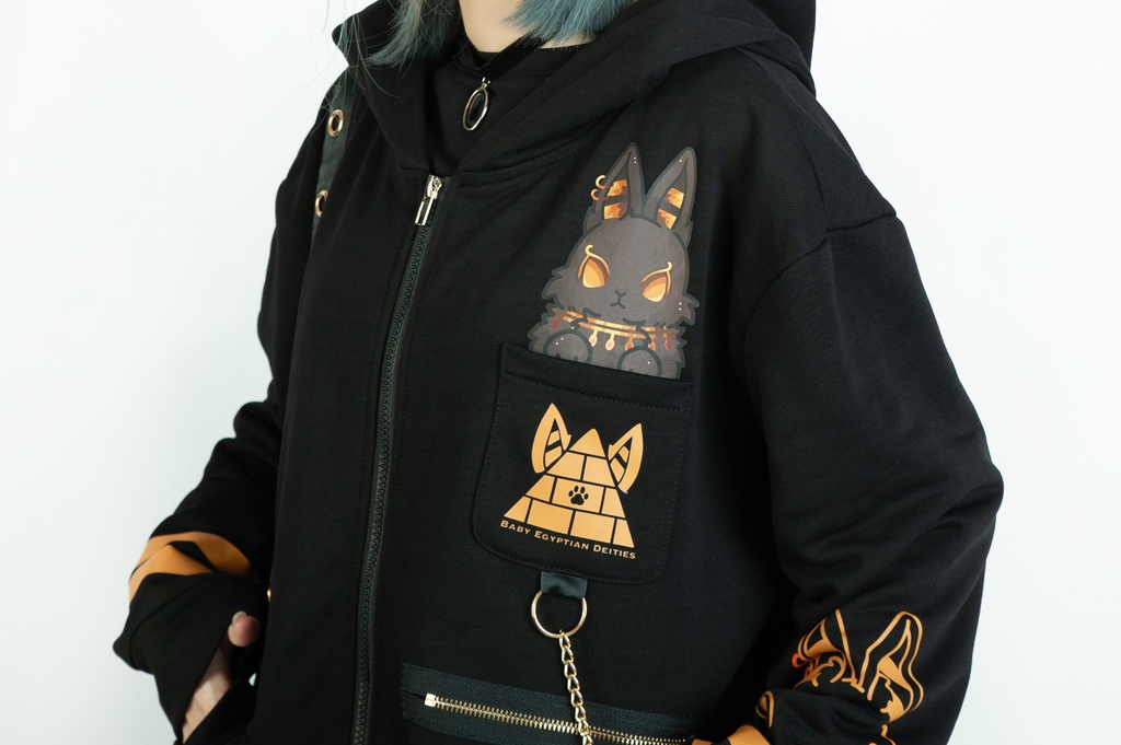 Jillpunk芝麻コラボアニメ 可愛い お宅 ニ次コン エジプト神話ベビー ウェネト女神 兎耳 ゆったり ファラオプリント 鎖チェーン長袖パーカ― フード付きジャケット オリジナル メンズ レディーズ おしゃれ 男女兼用 ファッション 秋葉系