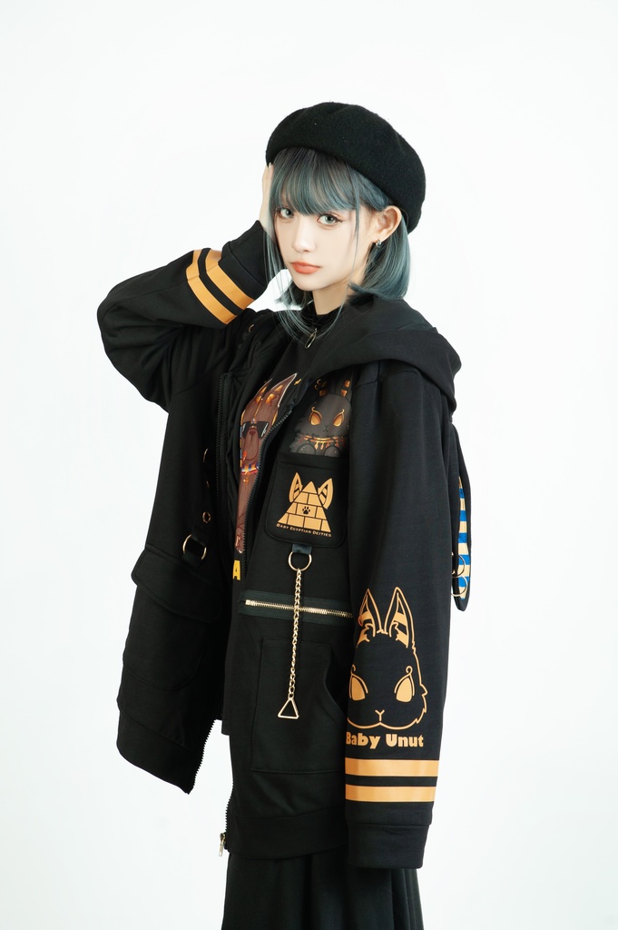 Jillpunk芝麻コラボアニメ 可愛い お宅 ニ次コン エジプト神話ベビー ウェネト女神 兎耳 ゆったり ファラオプリント 鎖チェーン長袖パーカ― フード付きジャケット オリジナル メンズ レディーズ おしゃれ 男女兼用 ファッション 秋葉系