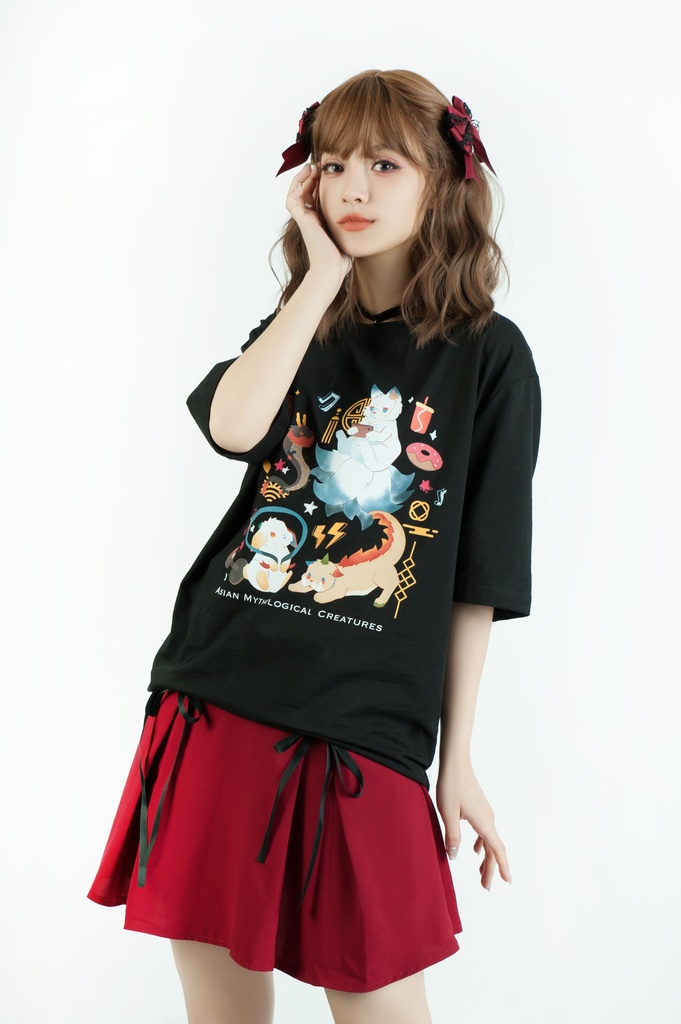 Jillpunk芝麻コラボアニメ 可愛い お宅 ニ次コン エジプト神話ベビー 東方神獸 マスコットモチーフプリント ゆったりサイズ 半袖 Tシャツ オリジナル メンズ レディーズ おしゃれ 男女兼用 ファッション 秋葉系