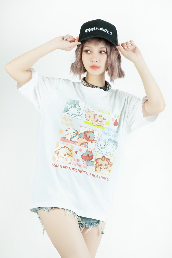 Jillpunk芝麻コラボアニメ 可愛い お宅 ニ次コン エジプト神話ベビー 東方神獸 マスコットモチーフプリント ゆったりサイズ 半袖 Tシャツ オリジナル メンズ レディーズ おしゃれ 男女兼用 ファッション 秋葉系