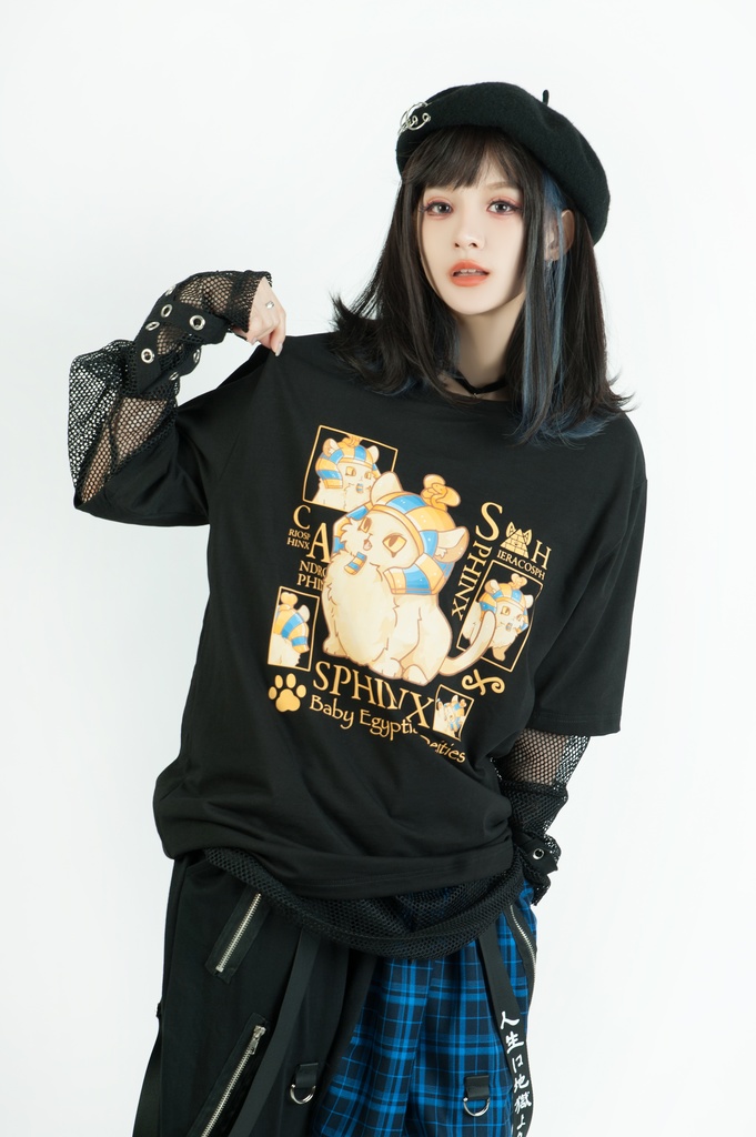 Jillpunk芝麻コラボアニメ 可愛い お宅 ニ次コン エジプト神話ベビー 東方神獸 マスコットモチーフプリント ゆったりサイズ 半袖 Tシャツ オリジナル メンズ レディーズ おしゃれ 男女兼用 ファッション 秋葉系