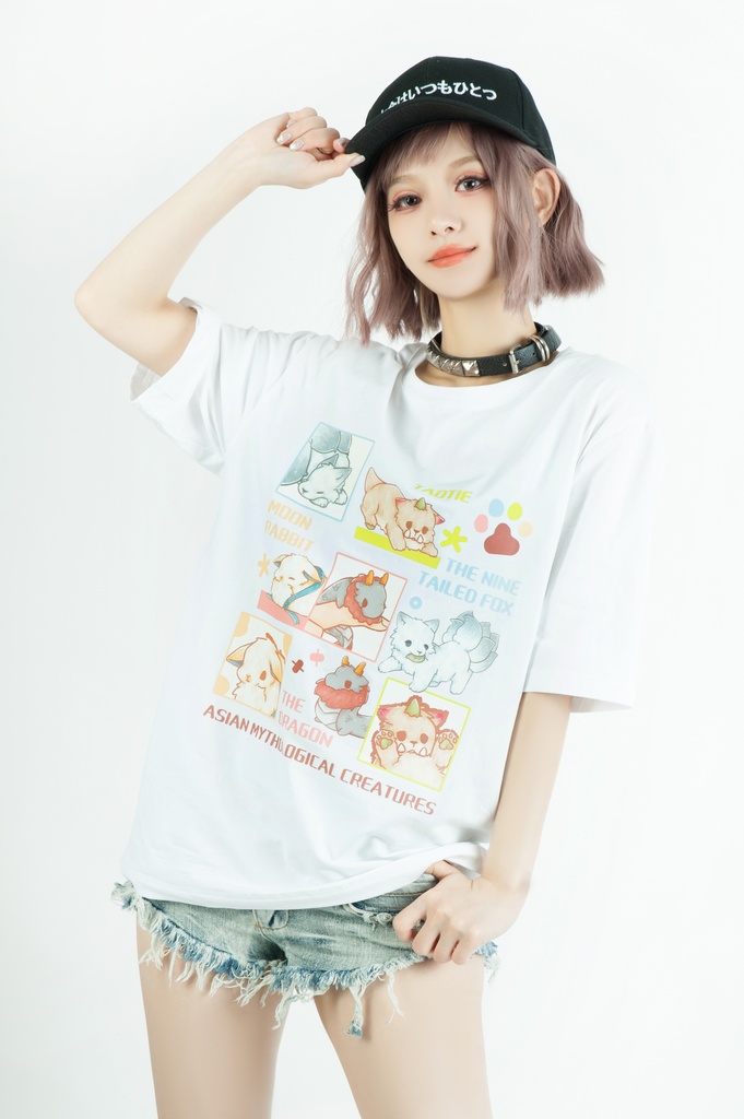 Jillpunk芝麻コラボアニメ 可愛い お宅 ニ次コン エジプト神話ベビー 東方神獸 マスコットモチーフプリント ゆったりサイズ 半袖 Tシャツ オリジナル メンズ レディーズ おしゃれ 男女兼用 ファッション 秋葉系