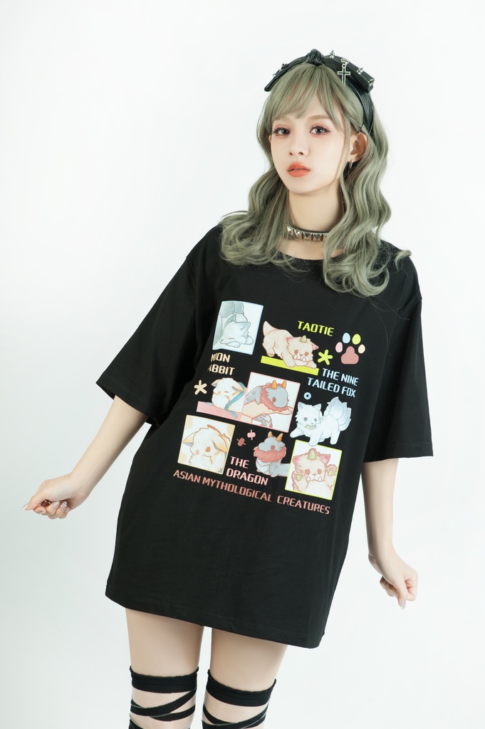 Jillpunk芝麻コラボアニメ 可愛い お宅 ニ次コン エジプト神話ベビー 東方神獸 マスコットモチーフプリント ゆったりサイズ 半袖 Tシャツ オリジナル メンズ レディーズ おしゃれ 男女兼用 ファッション 秋葉系