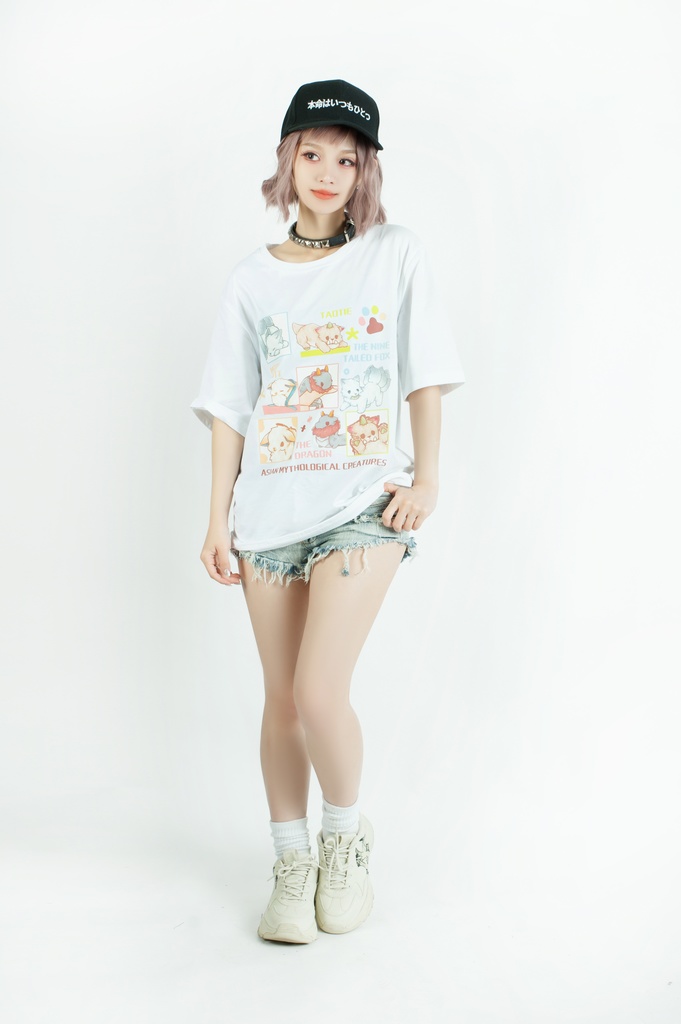 Jillpunk芝麻コラボアニメ 可愛い お宅 ニ次コン エジプト神話ベビー 東方神獸 マスコットモチーフプリント ゆったりサイズ 半袖 Tシャツ オリジナル メンズ レディーズ おしゃれ 男女兼用 ファッション 秋葉系