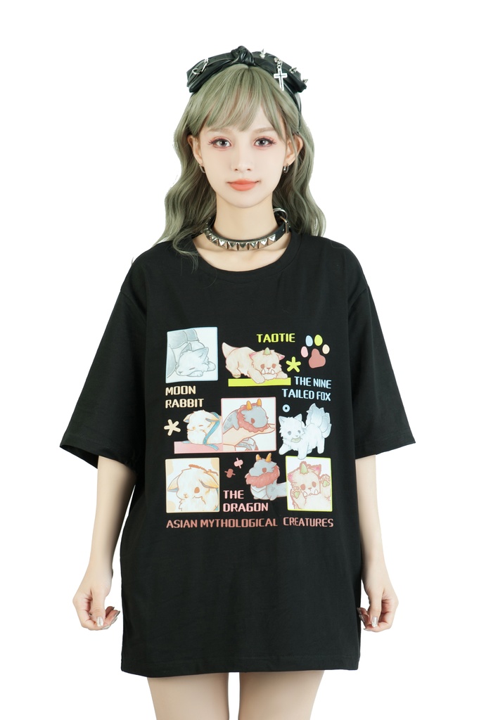 Jillpunk芝麻コラボアニメ 可愛い お宅 ニ次コン エジプト神話ベビー 東方神獸 マスコットモチーフプリント ゆったりサイズ 半袖 Tシャツ オリジナル メンズ レディーズ おしゃれ 男女兼用 ファッション 秋葉系