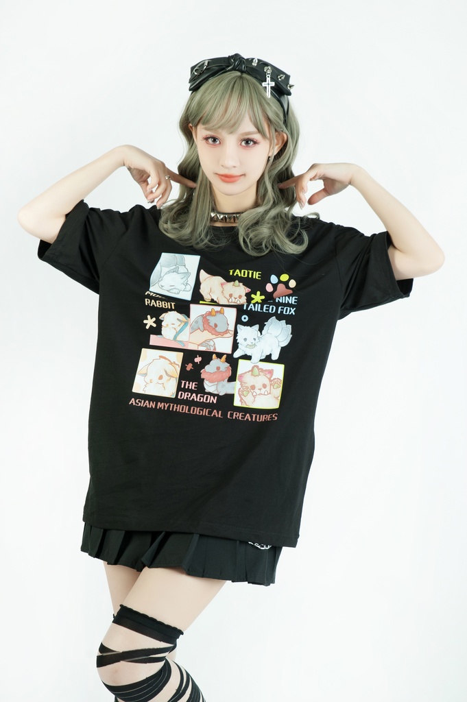 Jillpunk芝麻コラボアニメ 可愛い お宅 ニ次コン エジプト神話ベビー 東方神獸 マスコットモチーフプリント ゆったりサイズ 半袖 Tシャツ オリジナル メンズ レディーズ おしゃれ 男女兼用 ファッション 秋葉系